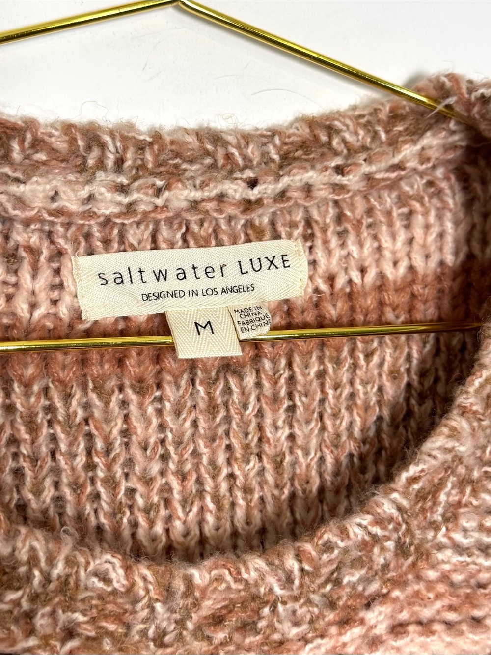 Saltwater Luxe Chunky Knit Boho Sweater Pink Beige Stripe Balloon Sleeve Medium - Picture 7 of 9